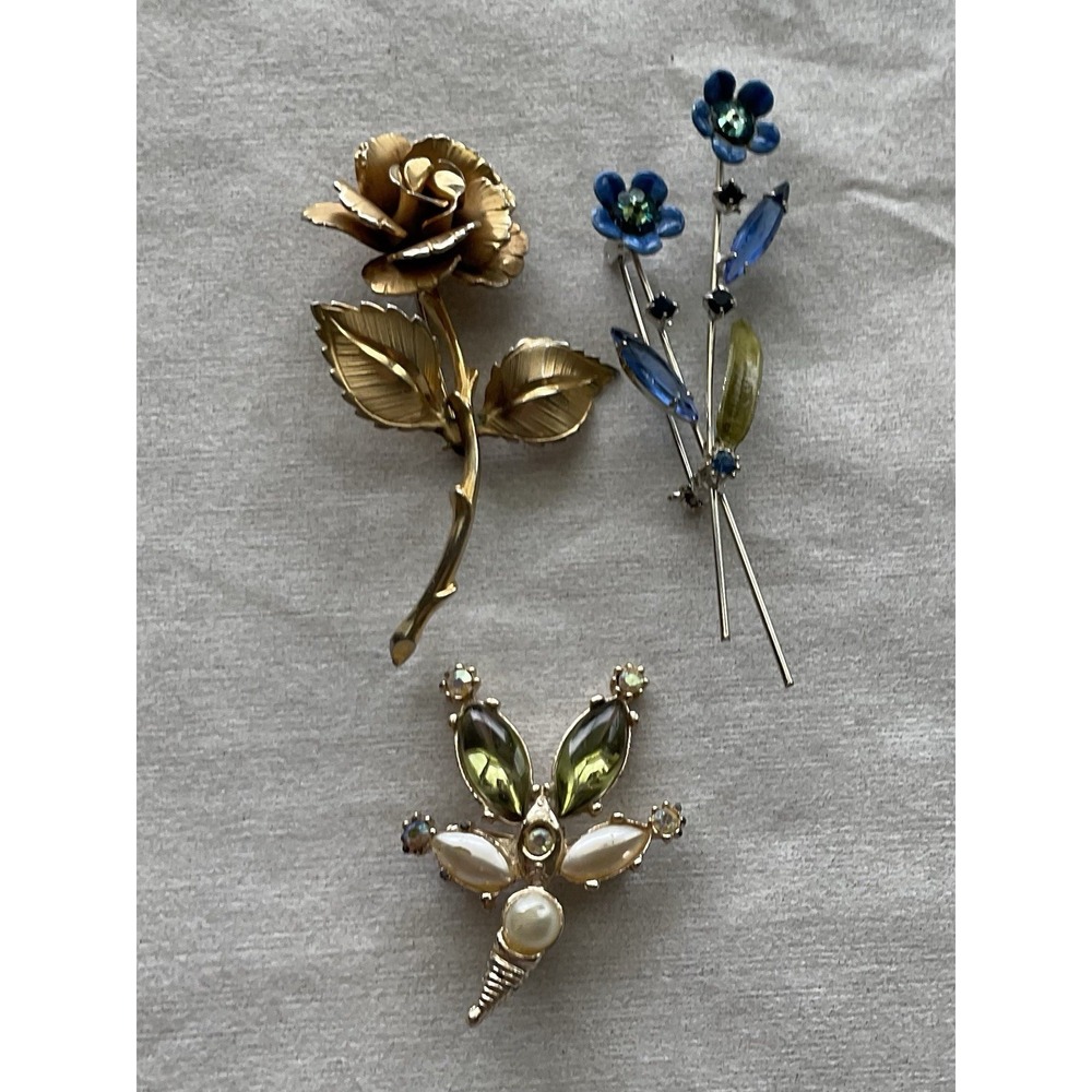 Lot Of 3 Vintage Brooch Pins Rose Flowers Rhinestones Estate Jewelry